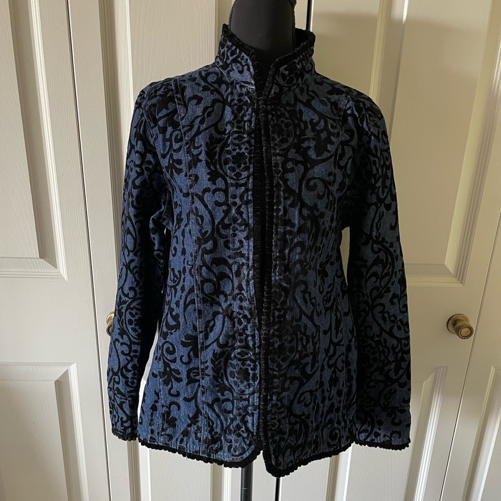 Tantrums | DenimJacket. Black Velvet Embossing. Size Medium. Rocker. Bohemian